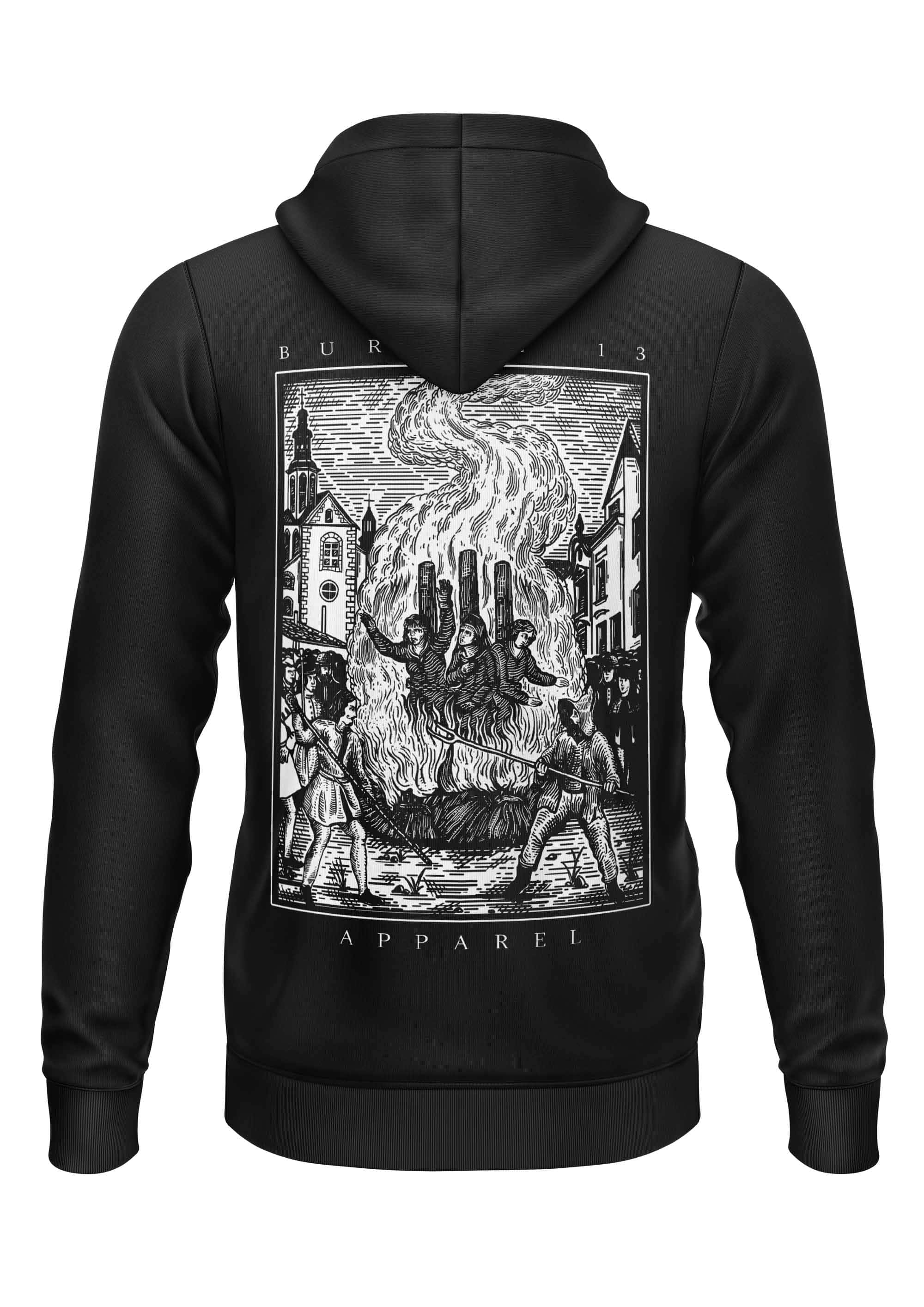 Schwarzer zip-up hoodie ashes burial 13 mit gothic-horror grafik einer historischen szene und brennender struktur